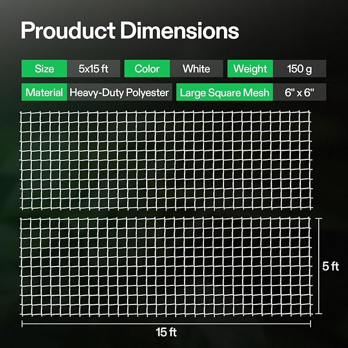 VIVOSUN 5 x 15 ft. Plant Trellis Netting, Heavy-Duty Polyester Grow Net, Garden Trellis Netting with Square Mesh for Climbing Plants, Vegetables, Fruits, and Flowers, 2-Pack