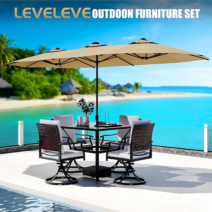 LEVELEVE 14FT Double-Sided Patio Umbrella with Base Included, Large Outdoor Rectangular Market Umbrella for Backyard, Poolside, Lawn & Garden, Khaki