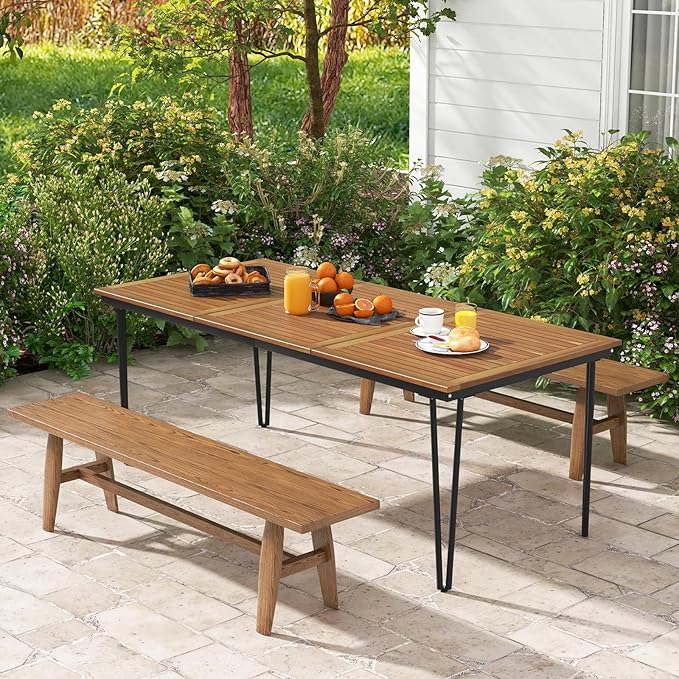 Tangkula 79 Inch Outdoor Dining Table for 8, Acacia Wood 8-Person Patio Table with 1.9 Inch Umbrella Hole, Metal Legs & Adjustable Foot Pads, Rectangular Outside Table for Garden, Poolside & Backyard