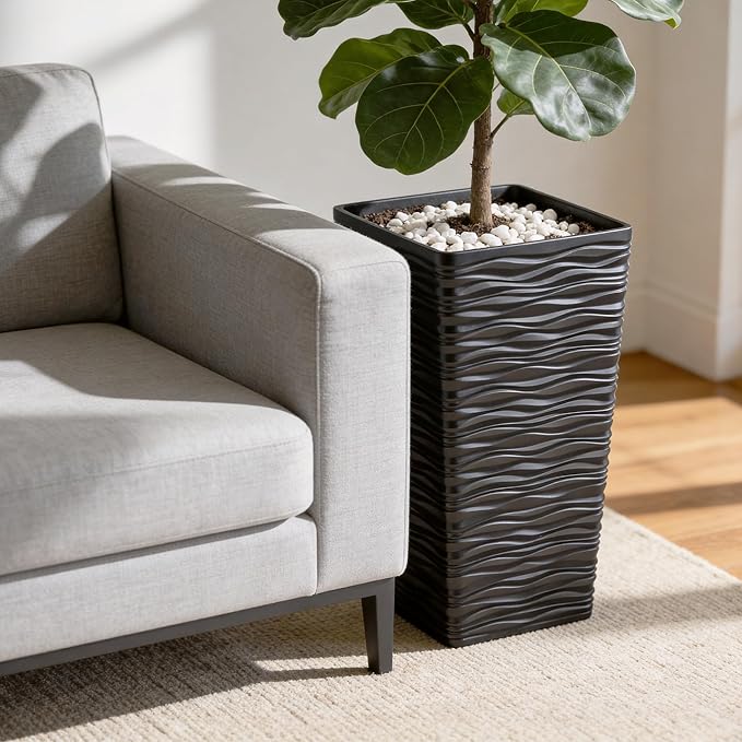 Worth Garden 2-Pack Black Tall Planter - Plastic Square Tapered Tree Plant Pots with Drainage Hole for Indoor Outdoor - 22" H Modern Wavy Finish Decorative Flower Pots for Front Porch Patio Deck