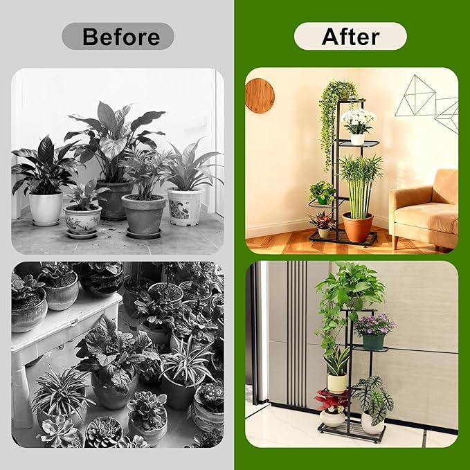 Plant Stand Indoor Outdoor, Corner Metal Plant Stands, Heavy Duty Tall Planter Shelf for Multiple Plants, Flower Pot Holder for Patio Garden Balcony Living Room (Black, 4 Tier-5 Potted)