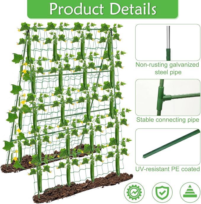 32 x 53 Inch Cucumber Trellis for Climbing Plants Outdoor A-Frame Garden Trellis for Raised Bed Detachable Sturdy Garden Plant Support Trellis for Small Plant Vegetable Flower Grape with Climbing Net