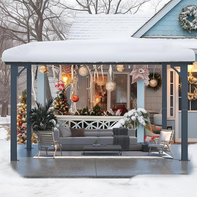 AECOJOY 12' x 8' Gazebo Outdoor Pergola for Patio, 8'x12' Hard Top Lean to Pergolas and Gazebos Clearance with Patio Roof Shelter, Large Wall-Mounted Heavy Duty Awnings for Decks, Backyard