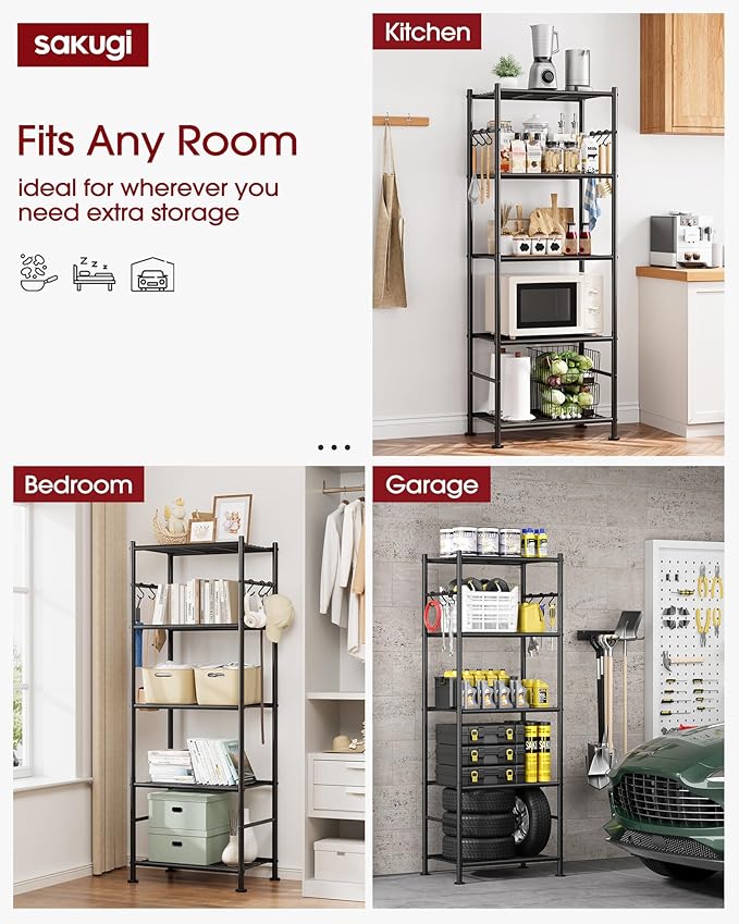 Storage Shelves - 5-Tier Large Capacity Shelf Organizer with Hooks, Heavy-Duty Garage Shelving with Leveling Feet, Wobble-Free Rack for Bedroom, Balcony, Garage, 18.1"×12.4"×56.8", Black