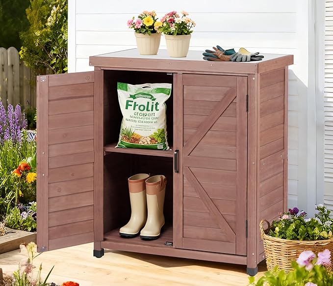 Outdoor Potting Bench with Storage Cabinet and Metal Top, Wood Workstation for Outdoor Patio, Garden (Coffee Brown, 31x17x36‘’)