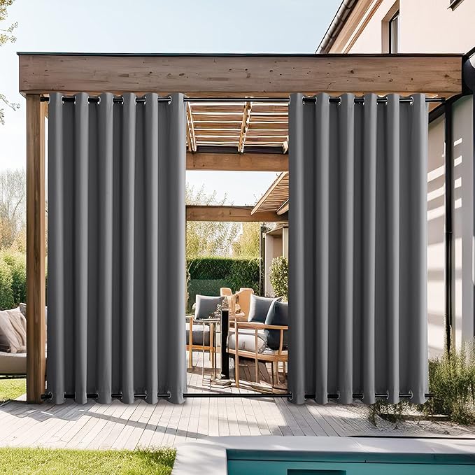 NICETOWN 2 Panels Outdoor Curtains for Patio Waterproof 108" Length, Thermal Insulated Rustproof Top and Bottom Grommet Fixed Weighted Blackout Outdoor Drapes for Porch/Gazebo, Grey, W84 x L108