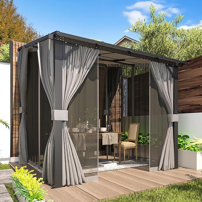 AECOJOY 8' X 8' Gazebo for Patio, Small Wall-Mounted Lean to Pergola 8x8 Gazebo with Curtains and Netting, Hard Top Gazebo on Clearance for Lawn Backyard Garden Deck