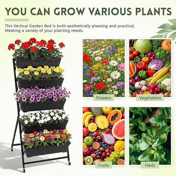 2 Pack 5-Tier Vertical Garden Planter 4.5 ft Tall Raised Garden Bed with Lockable Wheels & Drainage, Removable Elevated Herb Vegetable Flower Planter for Patio Deck Indoor Outdoor(Black)