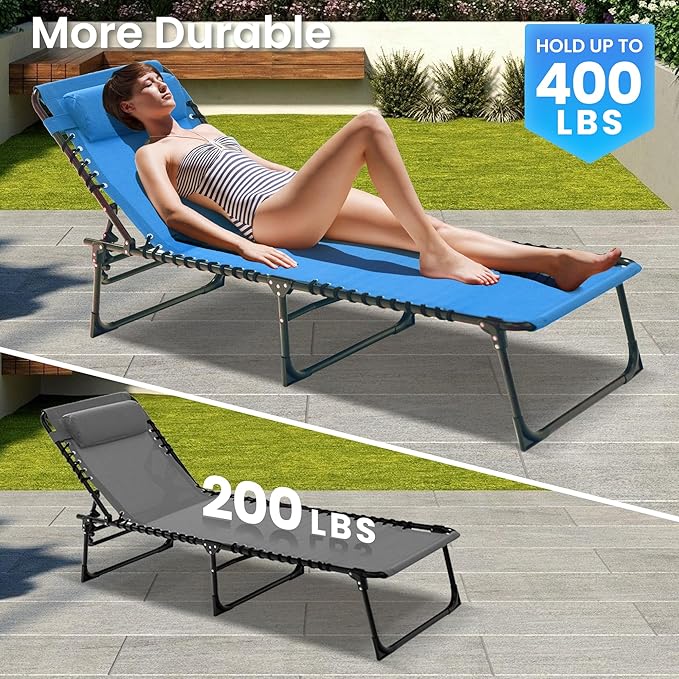 Folding Chaise Lounge Chair - 400lb Capacity, 5-Position Adjustable Recliner with Pillow | Portable for Patio, Pool, Camping & Sunbathing (Blue)