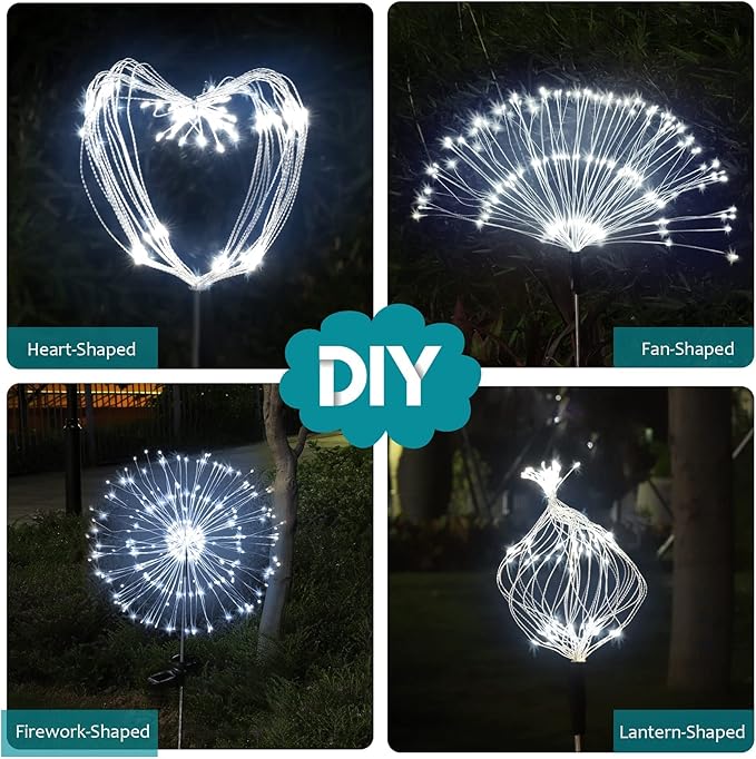 JJGoo Solar Firework Lights, 2 Pack 150 LEDs 2 Lighting Modes Solar Lights Outdoor Waterproof for Garden Patio Walkway Pathway Party Wedding Christmas Decorative - White