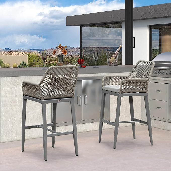 PURPLE LEAF Outdoor 29" Wicker Bar Stools Set of 2, Boho Patio Bar Height Chair with Cushion and Back for Outdoor and Indoor, Garden, Patio, Light Grey
