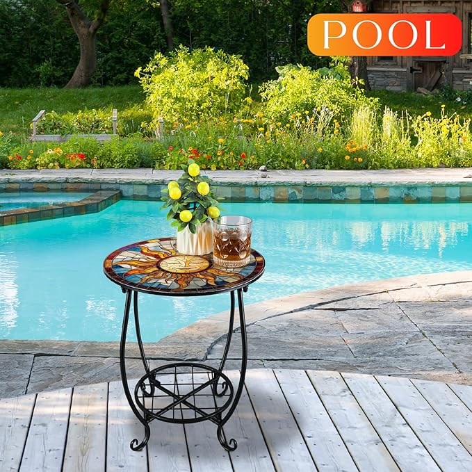 Outdoor Side Table Round Small Mosaic Patio Accent Indoor End Plant Coffee Tea Table for Yard Patio Porch Garden Living Room, Bedroom(Sun Style,14 Inch)