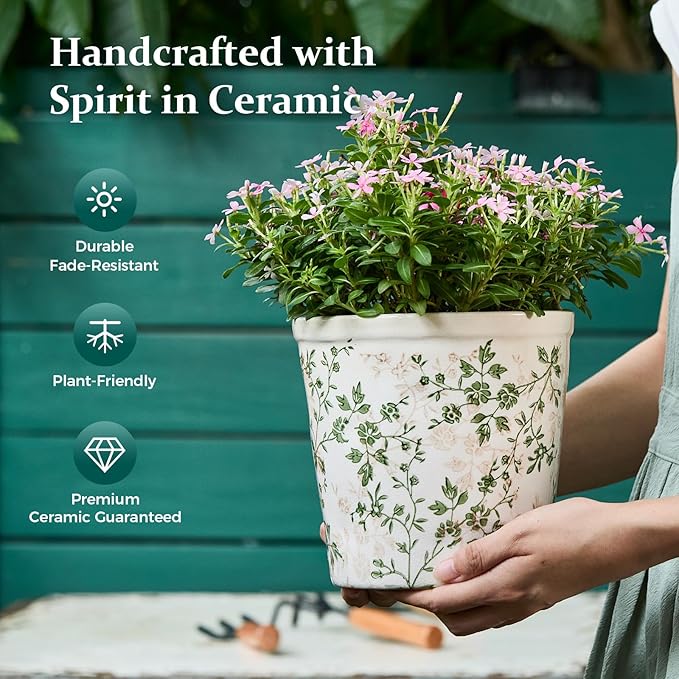 Ceramic Planter with Drainage Hole, Plastic Tray & Mesh, 6.7 Inch - Indoor/Outdoor Flower Pot for Orchids, Succulents, Green Floral Modern Farmhouse Décor for Home,Office and Garden, Ideal Gift