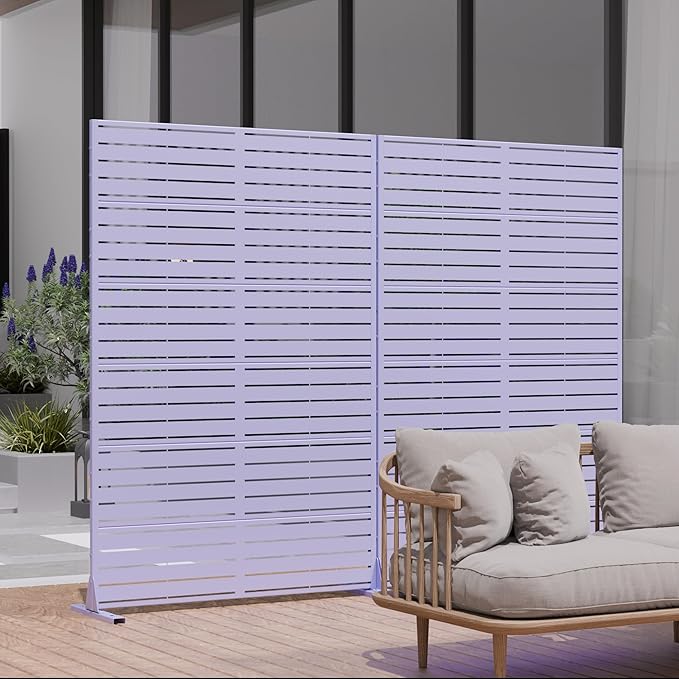 Casaphoria Metal Privacy Screen Outdoor, 72" H x 47" W Freestanding Decorative Privacy Screen for Patio Deck Balcony Garden with Stable Base, Purple-Louvered