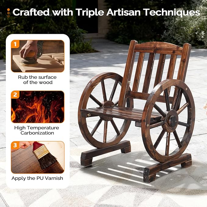 VINGLI Rustic Wooden Patio Chair with Wagon Wheel Armrests, Outdoor Dining Chairs Solid Wood Frame Seating for Farmhouse Garden Porch Lawn Balcony (Rustic, Chair)