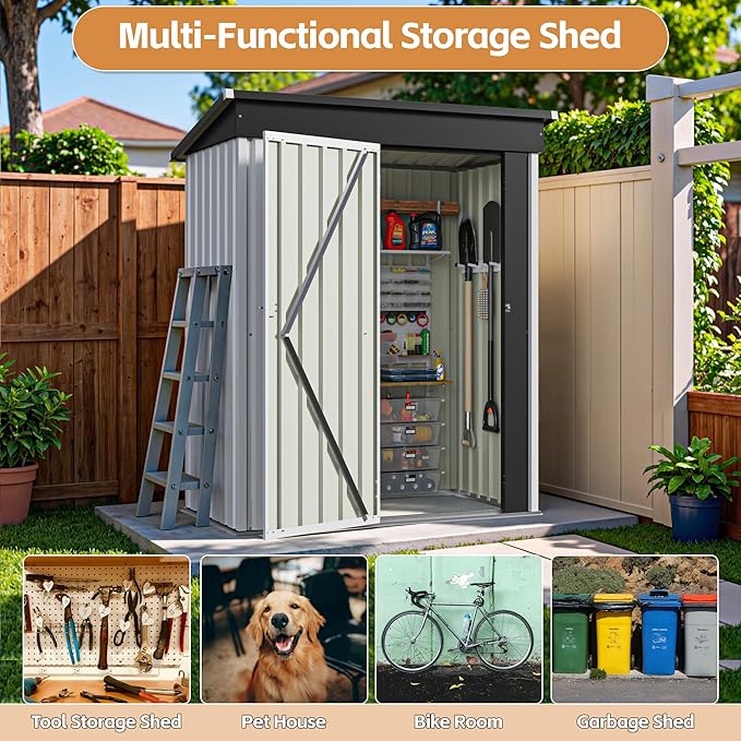Greesum 5×3 FT Outdoor Storage Shed, Metal Storaged Sheds Without Floor, Tool Sheds with Lockable Doors and Sloping Roof for Garden, Patio, Backyard, White