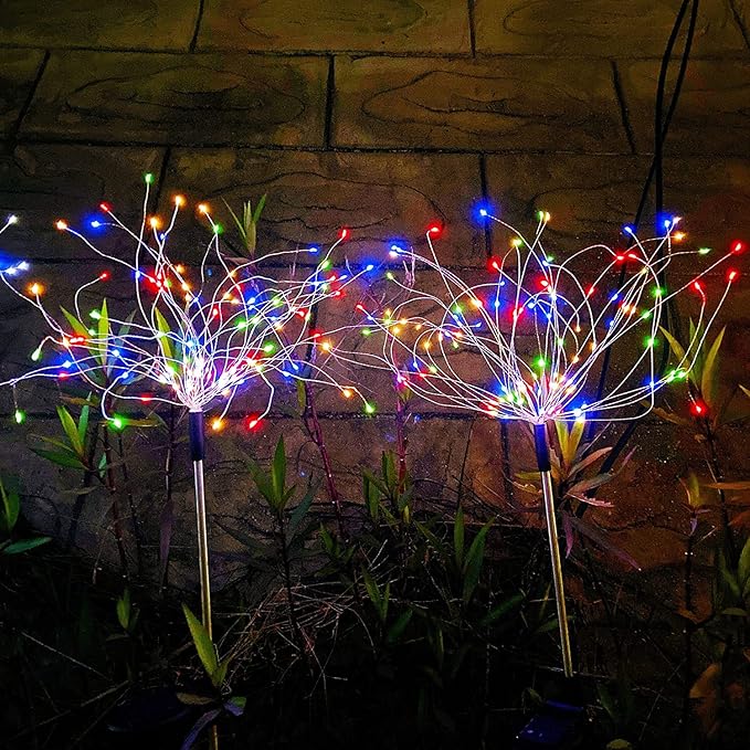 JJGoo Solar Firework Lights, 2 Pack 180 LEDs 2 Lighting Modes Solar Lights Outdoor Waterproof for Garden Patio Walkway Pathway Party Wedding Christmas Decorative - Colorful