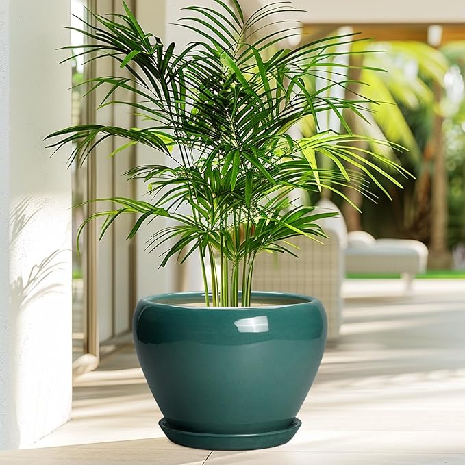 Ceramic Planter for Indoor Plants 10 Inch - Ceramic Plant Pot with Drainage Hole and Saucer, Glaze Round Modern Decorative Planter, Plant Lover Gifts, Home Room Office Decor, Green