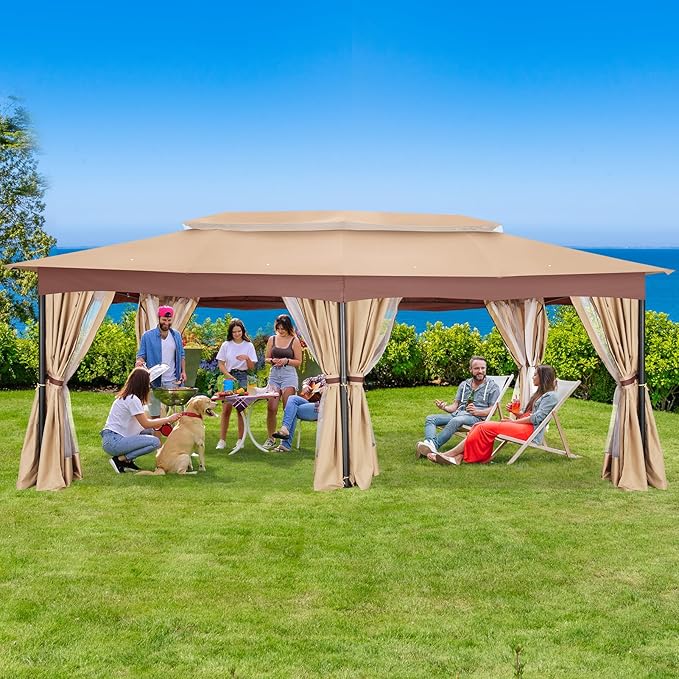 COBIZI Gazebo 12x20 Heavy Duty Gazebos with Curtain and Netting Outdoor Gazebo Canopy Double Roof Patio Gazebos with Metal Steel Frame for Patio, Deck, Backyard-Khaki