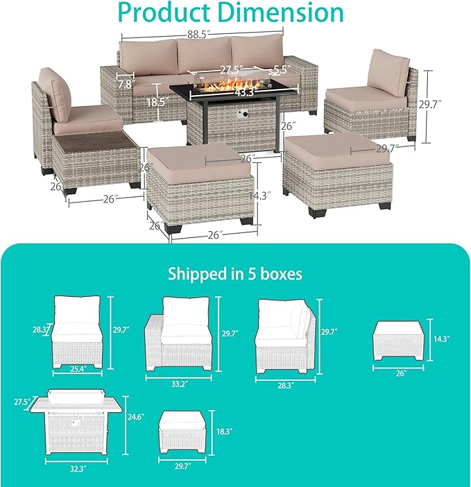 9-Piece Outdoor Patio Furniture Set with 55,000 BTU Fire Pit Table, PE Wicker Rattan Sectional Sofa Patio Conversation Set with Ottomans & Coffee Table, Sand