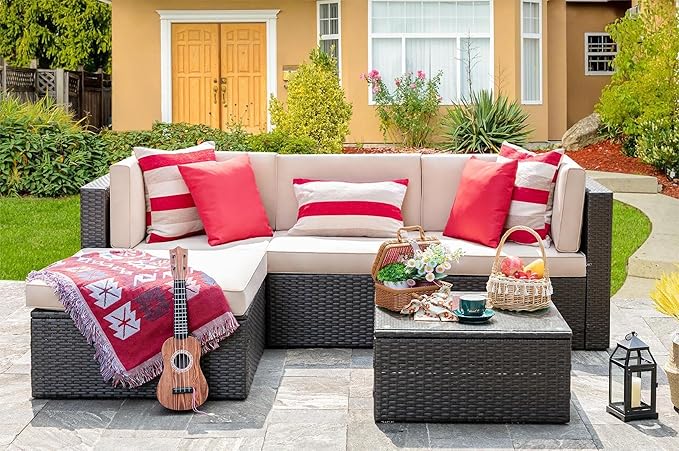 Vongrasig 5 Piece Patio Furniture Sets, All-Weather PE Rattan Wicker Outdoor Sectional Couch, Small Patio Conversation Set with Glass Table for Garden Pool, Beige