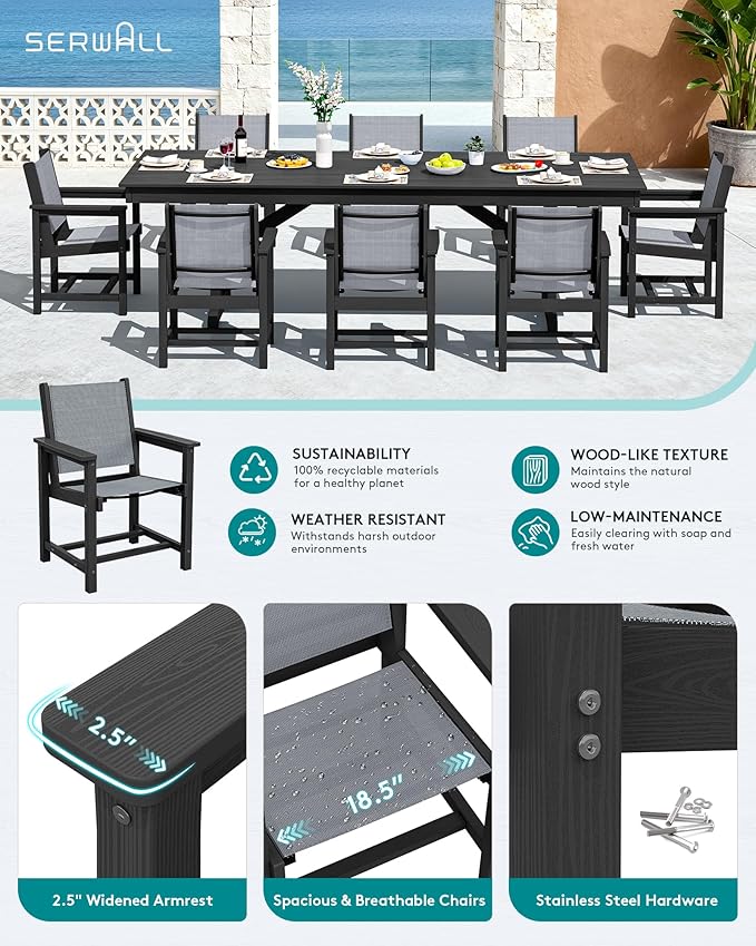 SERWALL 9 Piece Outdoor Dining Set, 84" HDPE Outdoor Large Table and Texilene Chairs for 8，All Weather Patio Dining Furniture Set with Umbrella Hole for Backyard, Garden, Black
