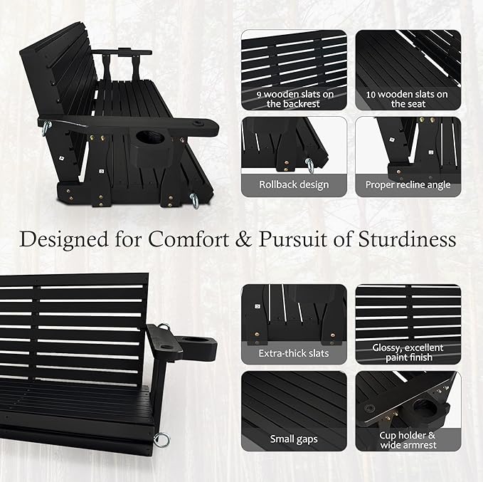 Wooden Porch Swing 3-Seater, High Backrest and Deep Seat, Bench Swing with Cupholders, Hanging Chains and 7mm Springs, Heavy Duty 880 LBS, for Outdoor Patio Garden (Carbon Black, 5 FT Extra Large)
