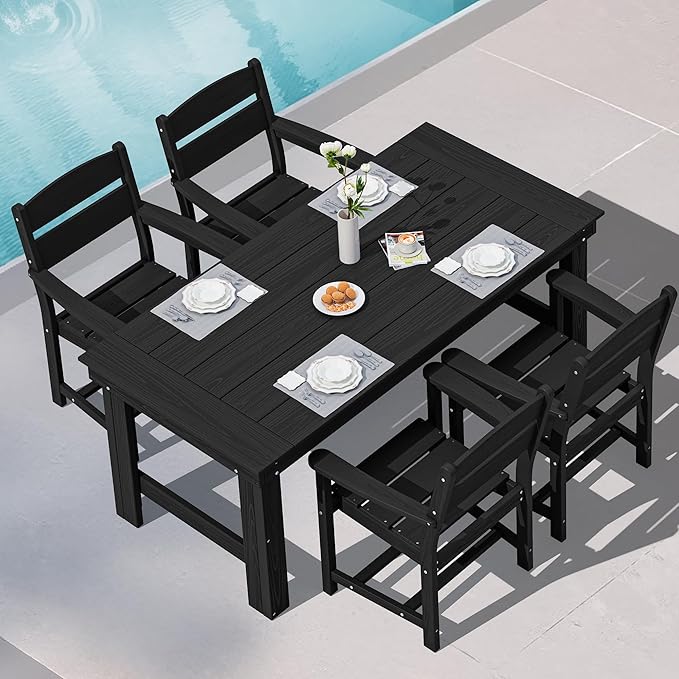SERWALL Outdoor Dining Table Set, 67‘’ HDPE Patio Dining Set for 4, All-Weather Outdoor Table and Chairs Set for Deck, Black
