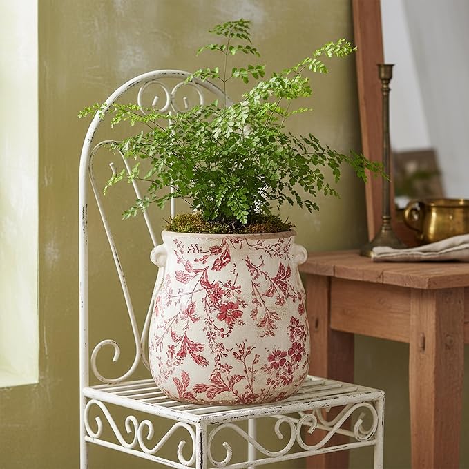 Antique Ceramic Planter & Vase for Home Decor, 6.68 Inch Rustic Farmhouse Flower Pot with Drainage Hole for Indoor Plants, Vintage Decoration for Bookshelf & Tabletop, Unique Gifts for Women (Red)
