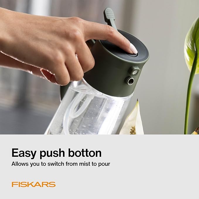 Fiskars 2-in-1 Mist & Pour Watering Carafe, Glass Plant Mister with Thumb Pump Sprayer, Precision Spout for Indoor Gardening, 17 oz Capacity, Modern Décor Style, Clear