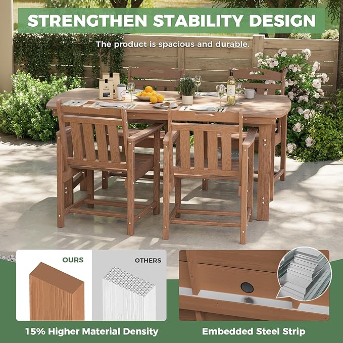 5-Piece Outdoor Dining Furniture Set with Chairs, All-Weather HDPE Patio Table and 4 Chairs, Umbrella Hole, for Garden Backyard or Deck - Teak