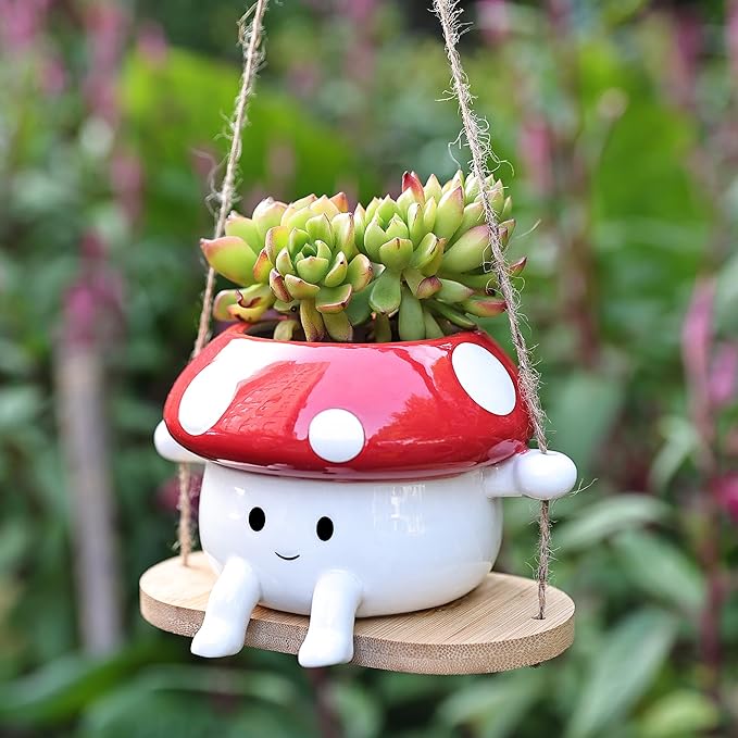 Fungi Fun Mushroom Hanging Planter Pot, Cute Ceramic Swing Face Planter for Indoor & Outdoor, Unique Mushroom Planters for Succulents, String of Pearls Plant, Small Hanging Planters Red & White