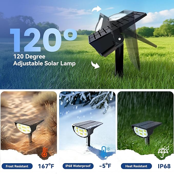 Solar Spot Lights Outdoor IP68 Waterproof, Ultra-Bright Performance，Simple Modes for Easier Operation, Auto On/Off，Solar Powered Landscape Lights for Garden, Yard, Pathway (Warm White, 4 Pack)