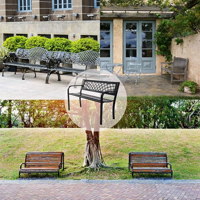FDW Garden Bench Bench Park Outdoor Bench for Patio Metal Bench Park Bench with Plastic Backrest Armrests Sturdy Steel Frame Furniture for Yard Porch Work Entryway, Black