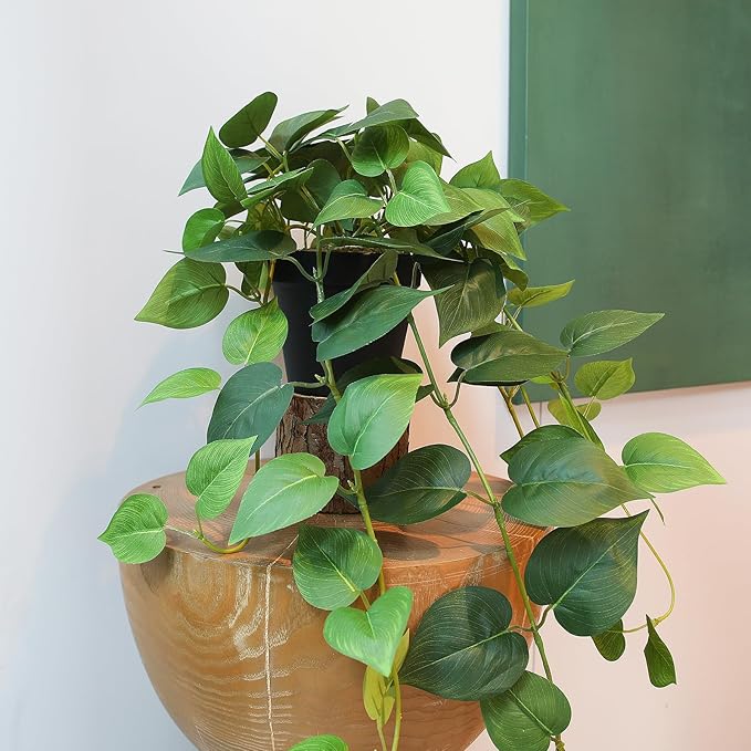 alyptus Fake Pothos Hanging Plants – 33" Set of 2 Faux Ivy Vines with Pots Realistic Silk Devil’s Ivy for Indoor Décor Low Maintenance Artificial House Plants for Home Bathroom or Office - Green