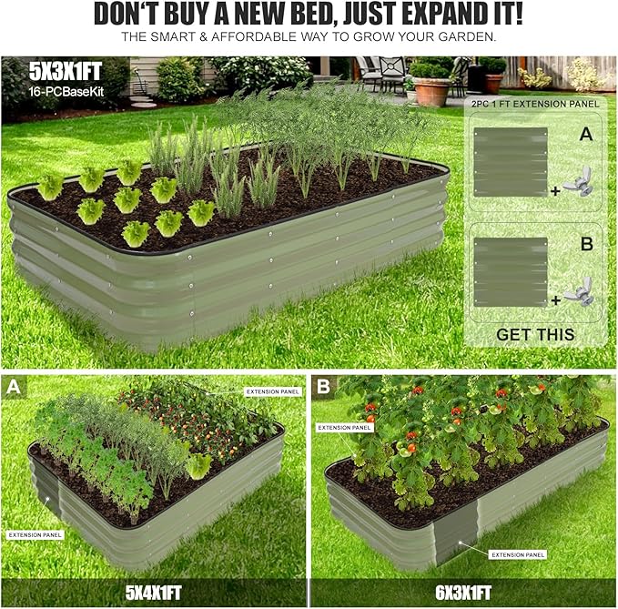 4-in-1 Modular Raised Garden Bed Kit - Adjustable Sizes (5x3x1ft, 4x4x1ft, 6x2x1ft, 7x1x1ft) - Heavy Duty Galvanized Steel Planter Box with Bracing Rods & Gloves for Vegetables, Fruits