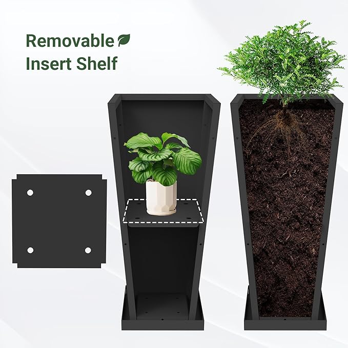 Tall Planters 28" H - 2 Pack, Tapered Pots with Drainage Insert Shelve & Trays, Metal Outdoor Planter Box for Porch, Garden, Patio, Yard (Black)