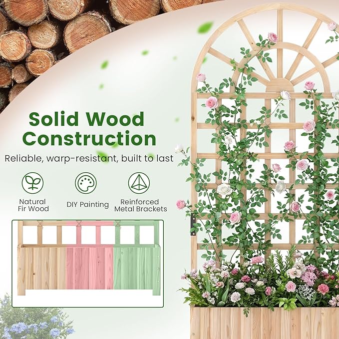 Giantex Wooden Raised Garden Bed with Arched Trellis, 71” Fir Wood Outdoor Elevated Planter Box Privacy Screen with Drainage Holes, Vertical Garden Bed for Climbing Plants, Patio Balcony Backyard