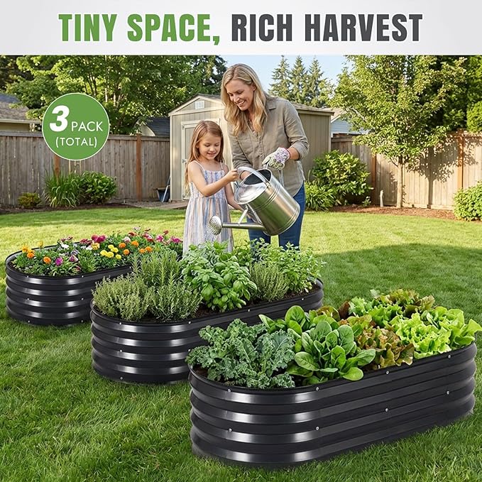 INNO STAGE 3Pcs Galvanized Raised Garden Bed Kit, Outdoor Metal Raised Garden Beds for Vegetables, Rust-Resistant & Easy Assembly, 4x2x1ft Oval Raised beds for Gardening, Flowers, Herbs (CoatedGrey)