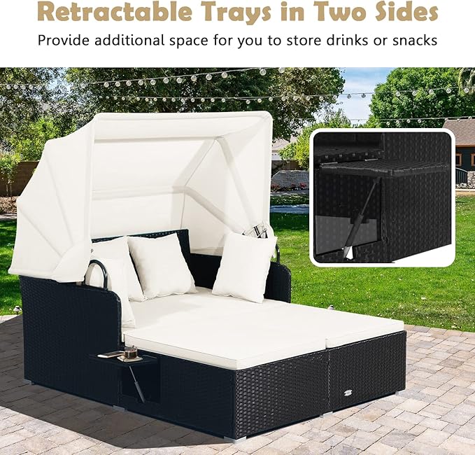 Tangkula Patio Rattan Daybed with Retractable Canopy, Outdoor Wicker Sunbed Lounger with 2 Foldable Side Tables, Thick Seat & Back Cushions, Double Daybed for Garden, Backyard, Porch (Off White)