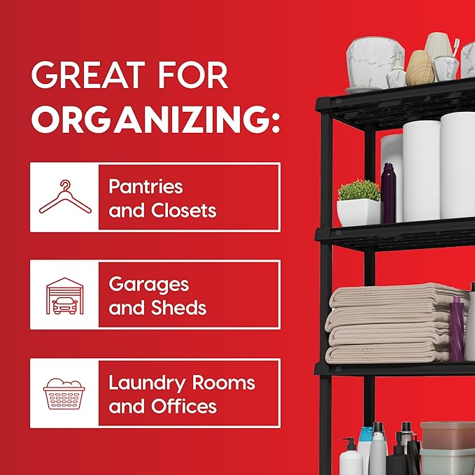 IRIS USA 5-Shelf Light Duty Plastic Storage Shelves, 250lb Capacity, 64" H x 24" W x 12" D, Medium Modular Shelving Unit Storage Organizer for Bathroom, Laundry, Garage & Home, Storage Rack - Black