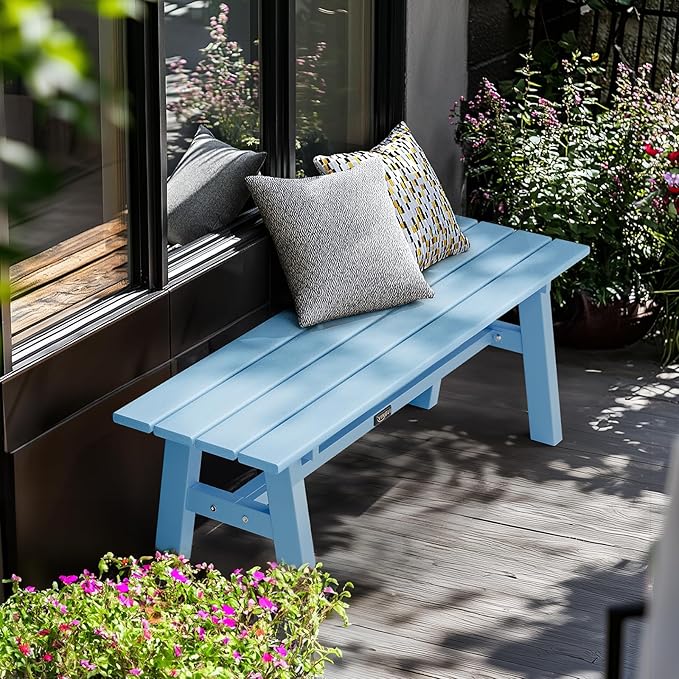 VINGLI 47” Outdoor HDPE Bench, Weatherproof Garden Bench w/Metal Legs, Poly Lumber Porch Benches, 660 LBS Capacity Outdoor Backless Patio Benches for Entryway Deck (Blue)