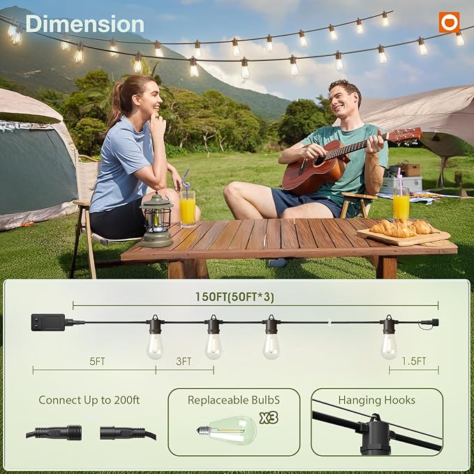 addlon 150FT LED Outdoor String Lights with Remote Dimmable Patio Lights with Timer & 3 Lighting Modes, 48 Shatterproof Edison Bulbs, Waterproof Shatterproof Hanging for Outside Backyard Porch Party