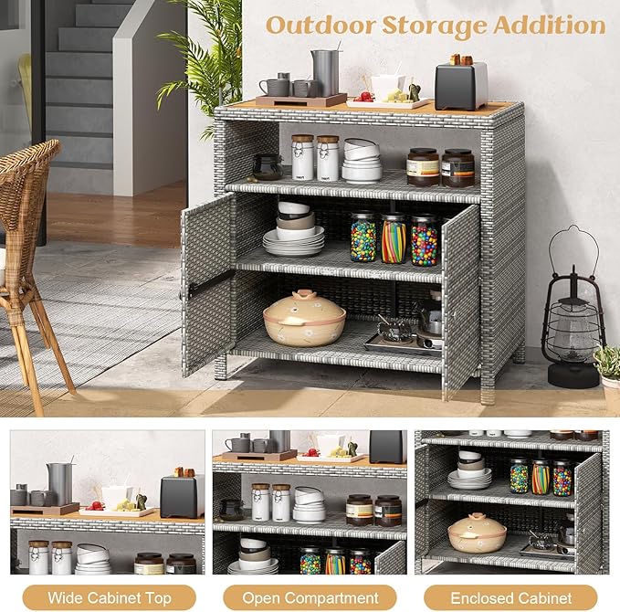 Tangkula Rattan Outdoor Storage Cabinet, Patiojoy Outdoor Cabinet with Acacia Wood Countertop, Open Compartment, 2-Door Wicker Sideboard, Outdoor Bar for Patio Garden Backyard Poolside (Mix Grey)