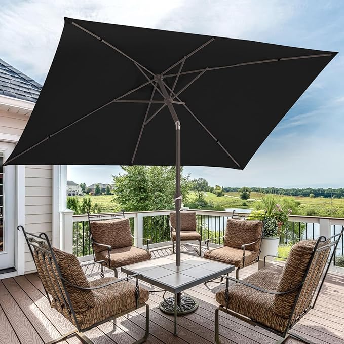 JEAREY 6.5x10 ft Rectangular Patio Umbrellas Rectangle Outdoor Umbrella with Push Button Tilt and Crank, Market Table Umbrella 6 Sturdy Ribs UV Protection for Poolside Garden Backyard Deck, Black
