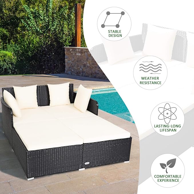 Tangkula Outdoor Rattan Daybed, Wicker Furniture with Spacious Seat, Upholstered Cushion & High-Resilience Sponge, Patio Sofa Set with 4 Pillows, 2-Person Sunbed for Poolside Backyard Garden & Balcony