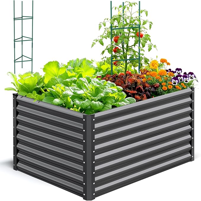 Quictent Galvanized Raised Garden Bed 4x3x2ft Tall Garden Bed Extra Height 22.4" Hold 24cft Soil Outdoor Heightened Planter Box for Deep Root Vegetables Herbs Tomato Cage Included, Dark Grey