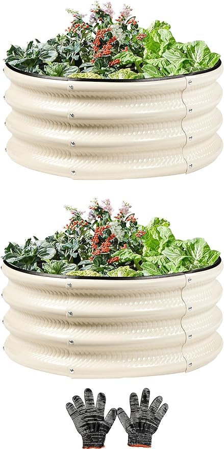 2 Pcs 2x2X1 ft Metal Galvanized Round Raised Garden Bed Kit Outdoor, Cream White Planter Garden Bed, Raised Box for Vegetables, Fruits, Flowers & Herbs