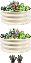 2 Pcs 2x2X1 ft Metal Galvanized Round Raised Garden Bed Kit Outdoor, Cream White Planter Garden Bed, Raised Box for Vegetables, Fruits, Flowers & Herbs