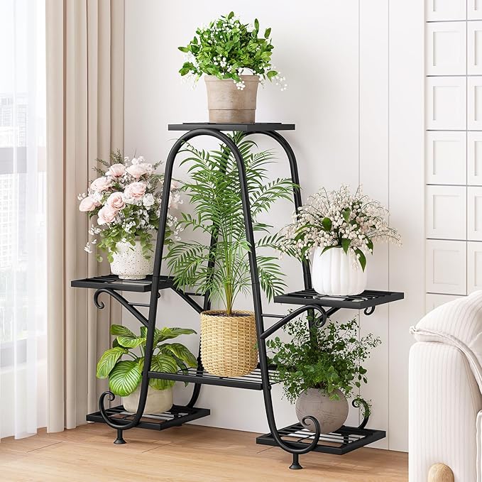 Plant Stand Indoor Outdoor Shelf Metal Holder Pot Rack Multiple Plants Stand Tall 6 Pot Flower Shelf Corner Living Room Garden,Black (Black, 6 Pots)